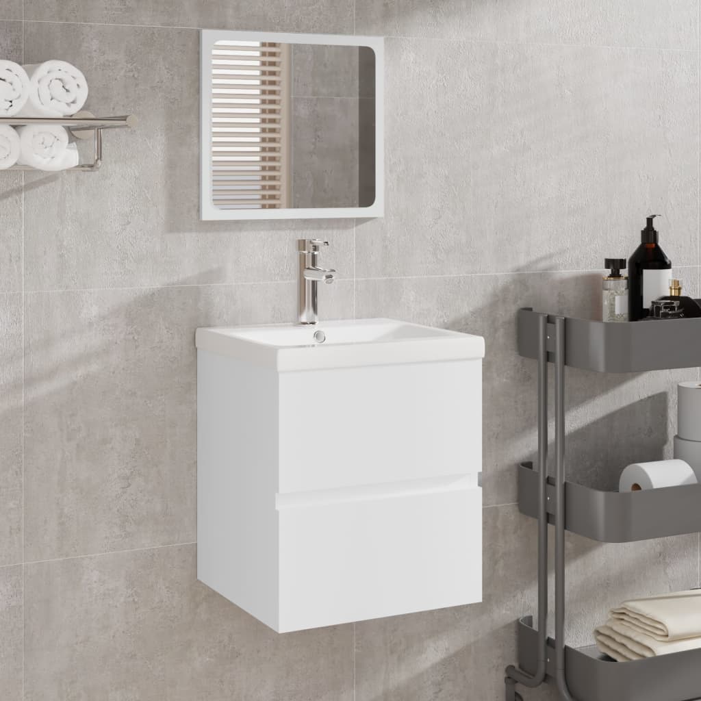 Bathroom vanity unit with sink and mirror, white