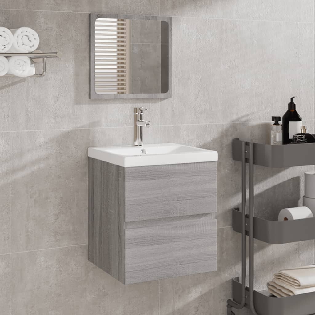Basin cabinet with basin and mirror, grey oak