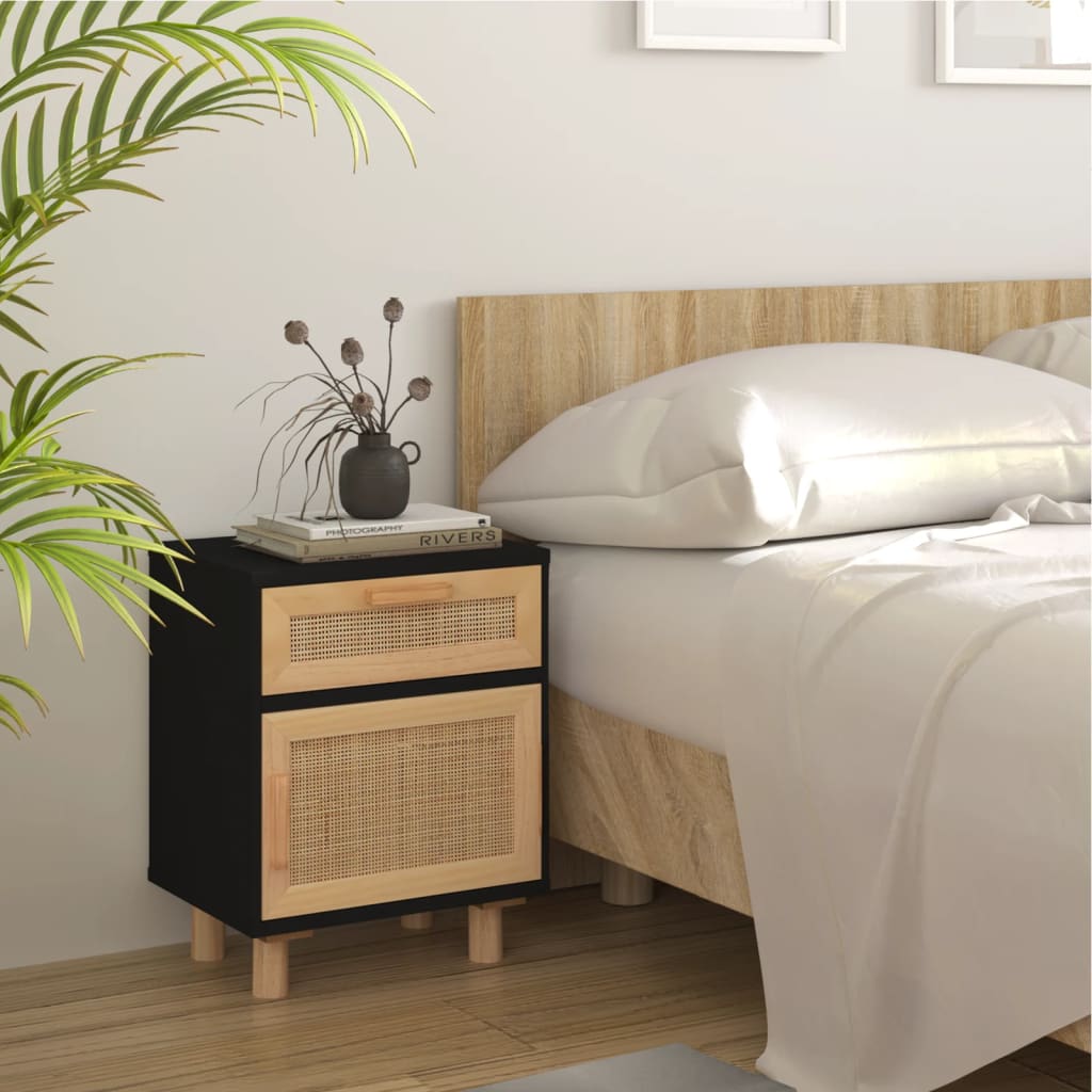 Bedside tables, 2 pcs., black, solid pine and rattan