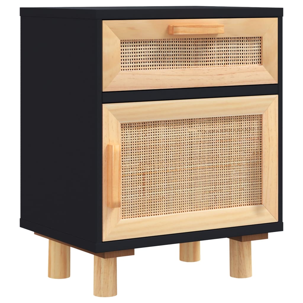 Bedside tables, 2 pcs., black, solid pine and rattan