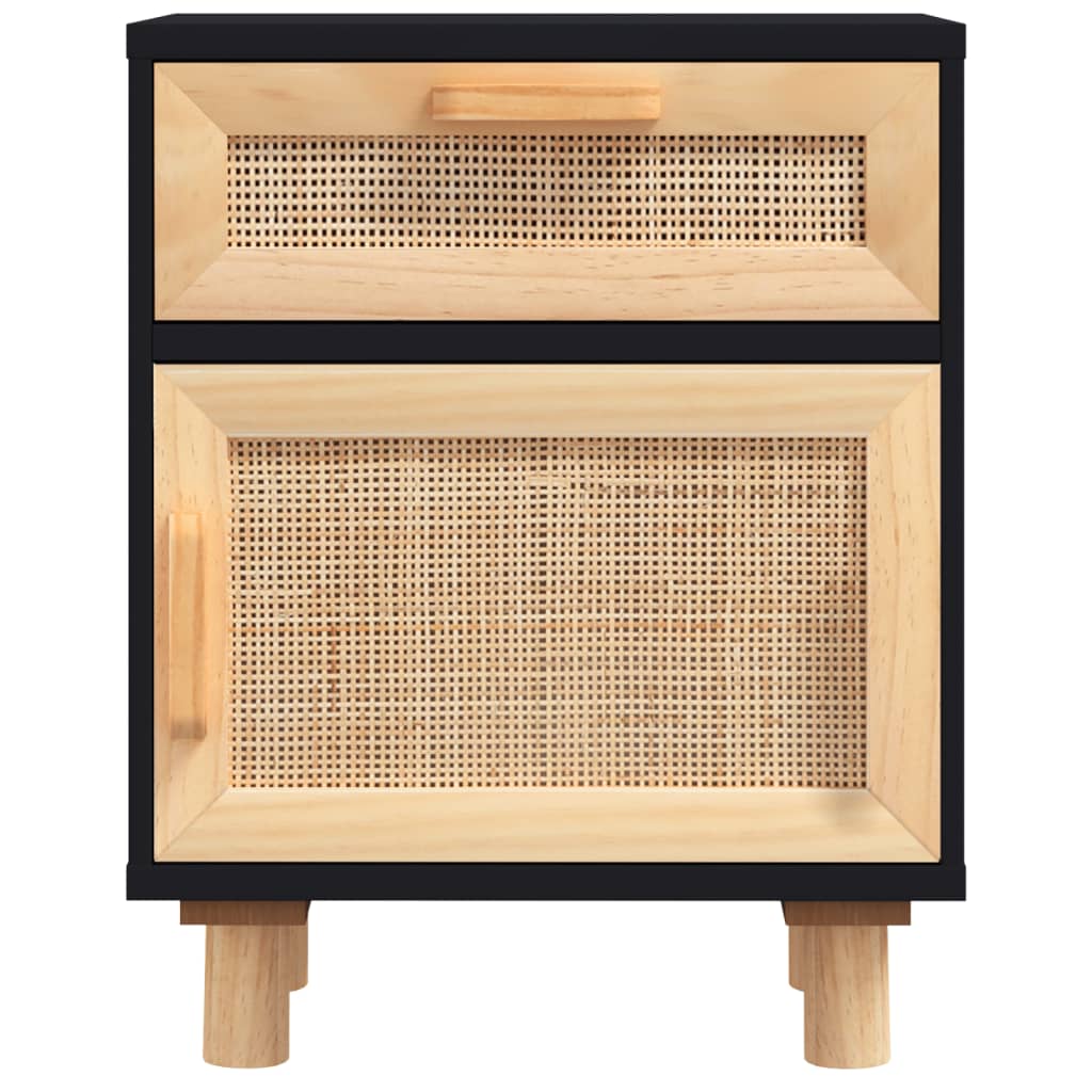 Bedside tables, 2 pcs., black, solid pine and rattan
