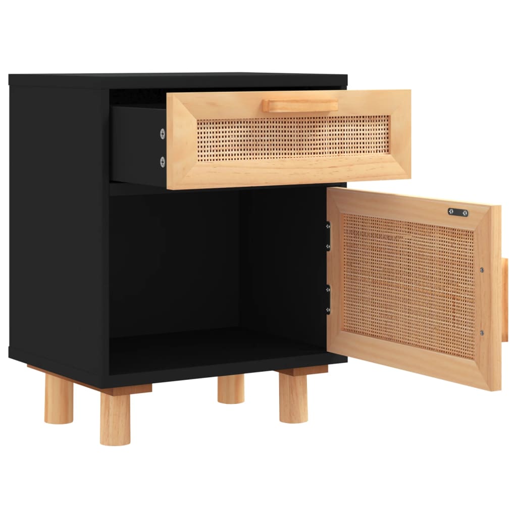 Bedside tables, 2 pcs., black, solid pine and rattan