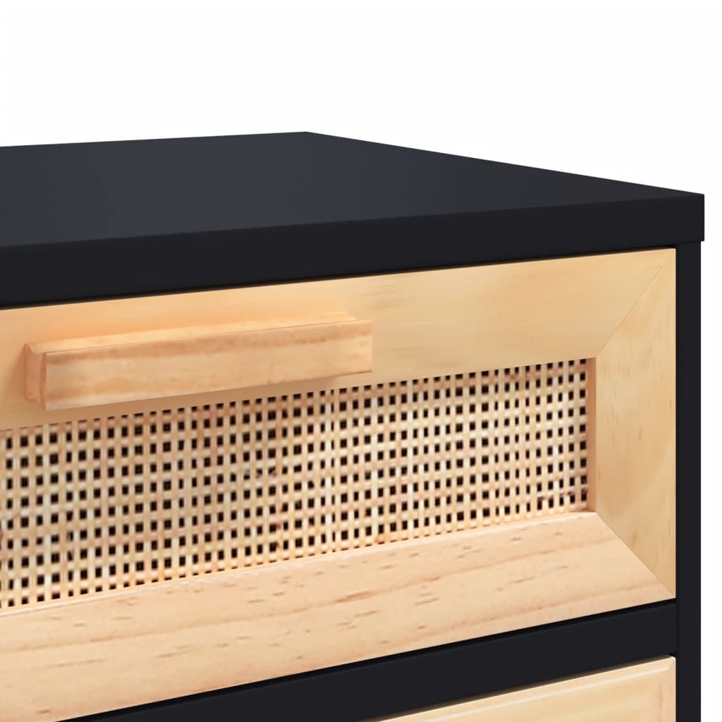 Bedside tables, 2 pcs., black, solid pine and rattan