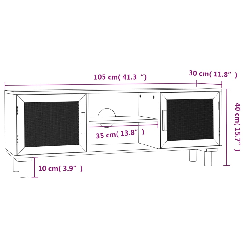 TV cabinet, white, 105x30x40cm, pine and rattan