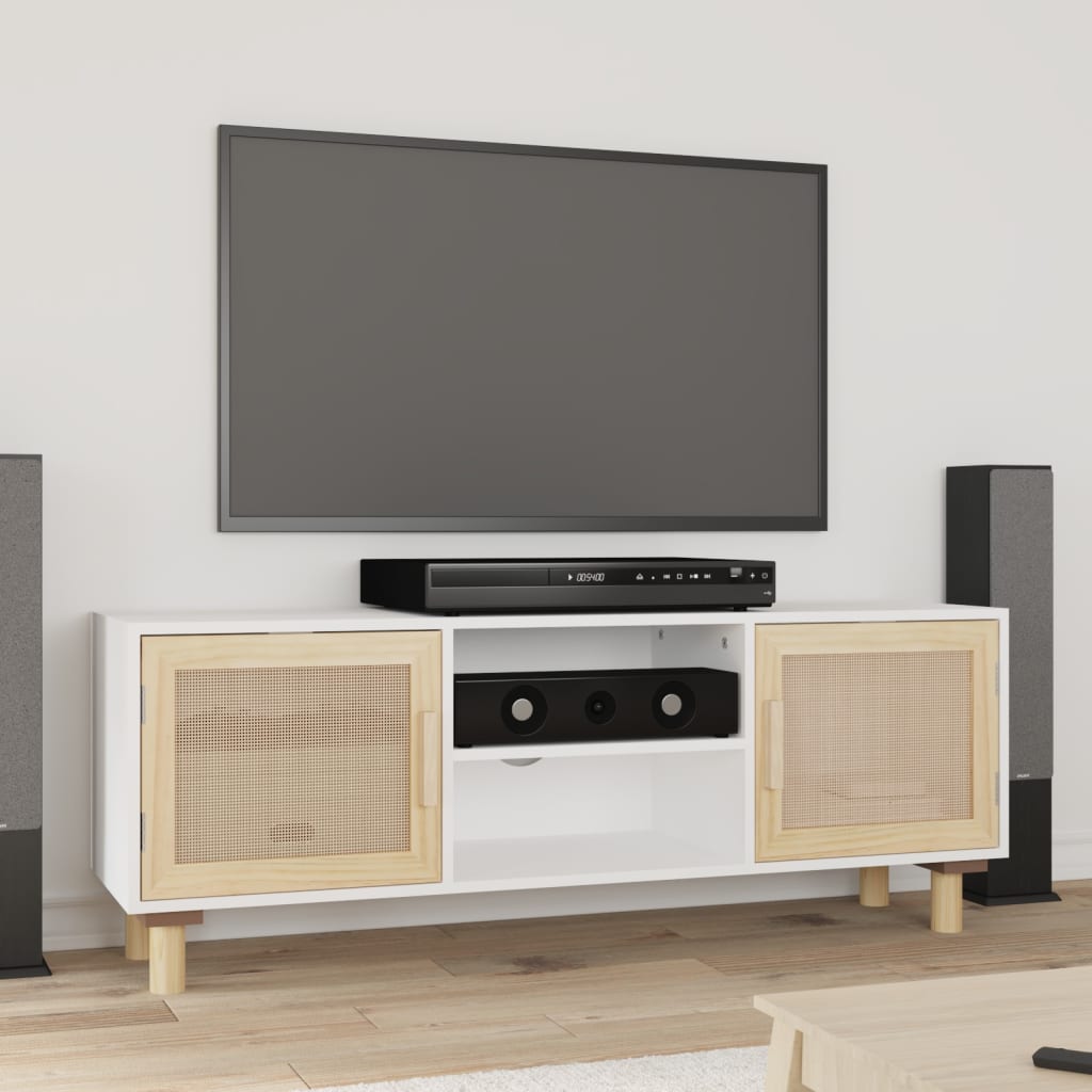 TV cabinet, white, 105x30x40cm, pine and rattan