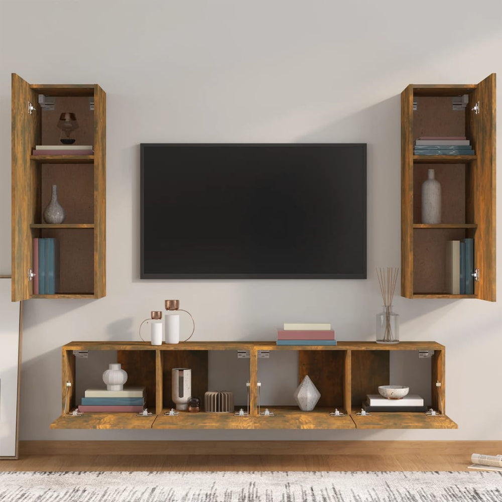 TV spintelių komplektas, 4 dalių, dūminio ąžuolo, mediena