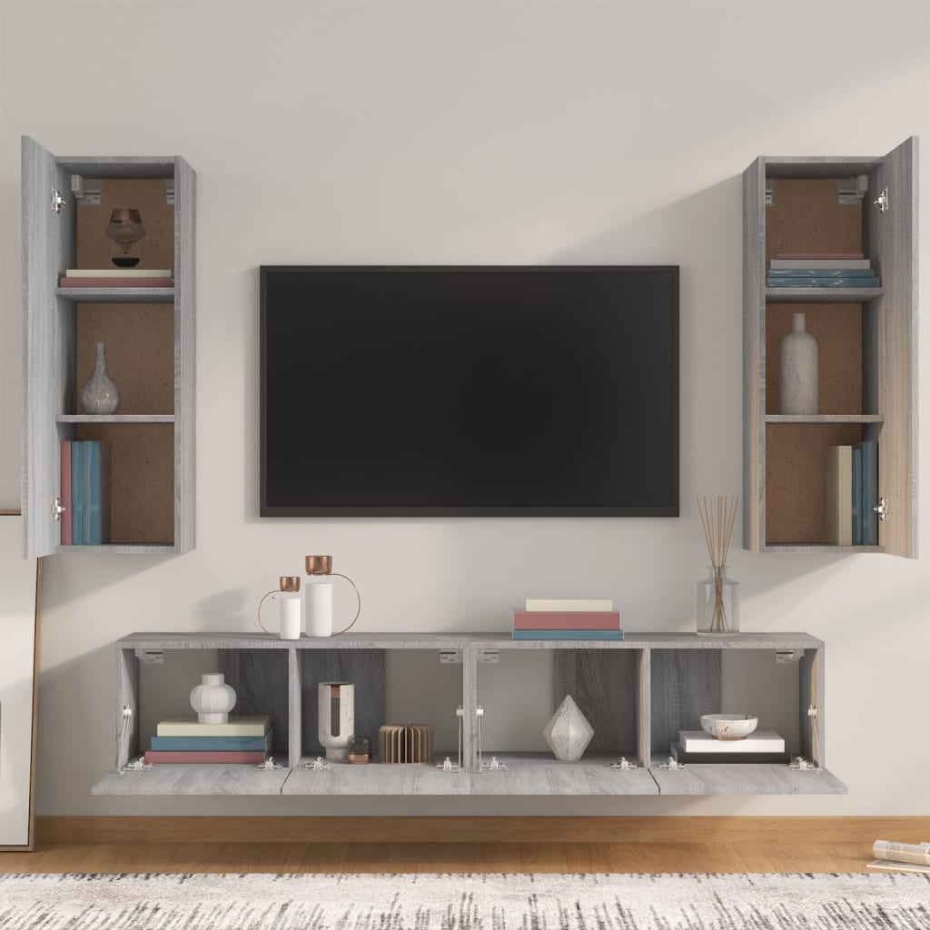 TV spintelių komplektas, 4 dalių, pilkas ąžuolo, mediena