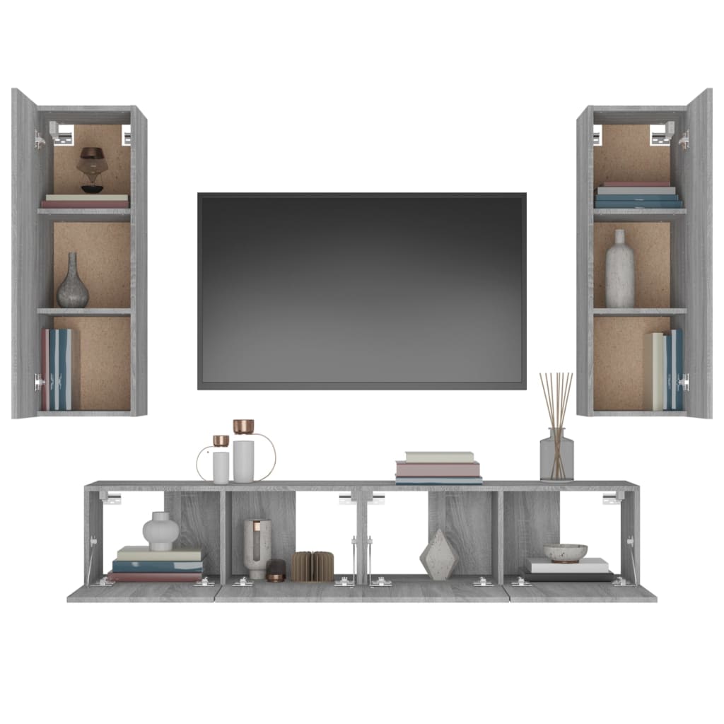 TV cabinet set, 4-piece, grey oak, wood