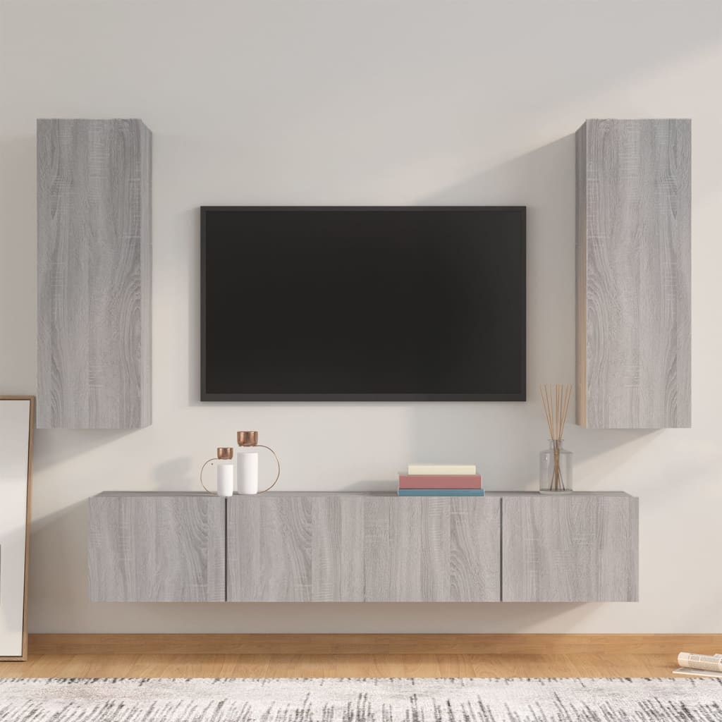 TV cabinet set, 4-piece, grey oak, wood