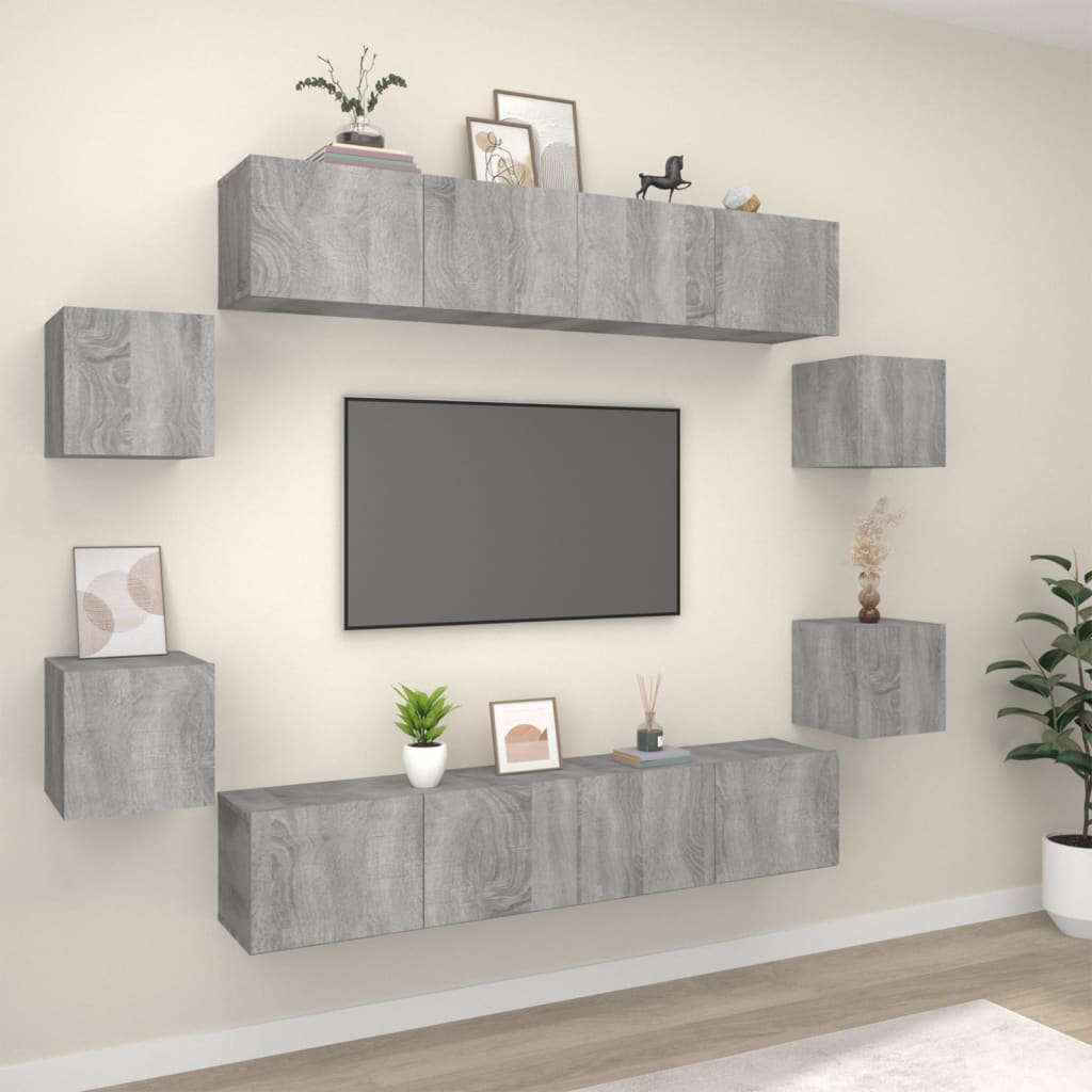 TV spintelių komplektas, 8 dalių, pilkas ąžuolo, mediena