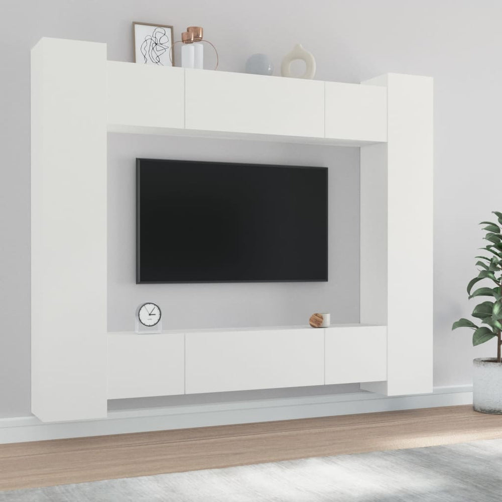 Televizoriaus spintelių komplektas, 8 dalių, baltas, mediena