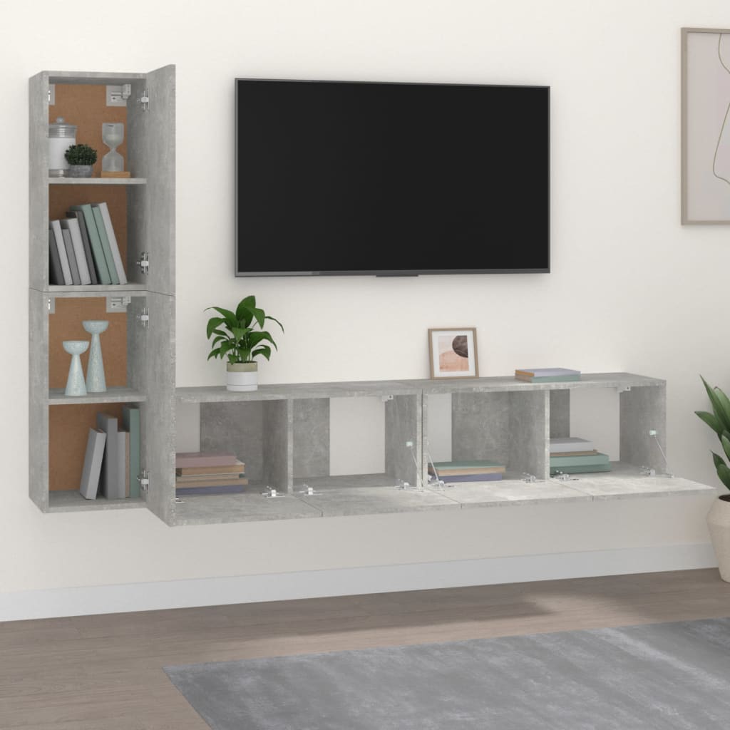 TV spintelių komplektas, 4 dalių, betono pilkas, mediena