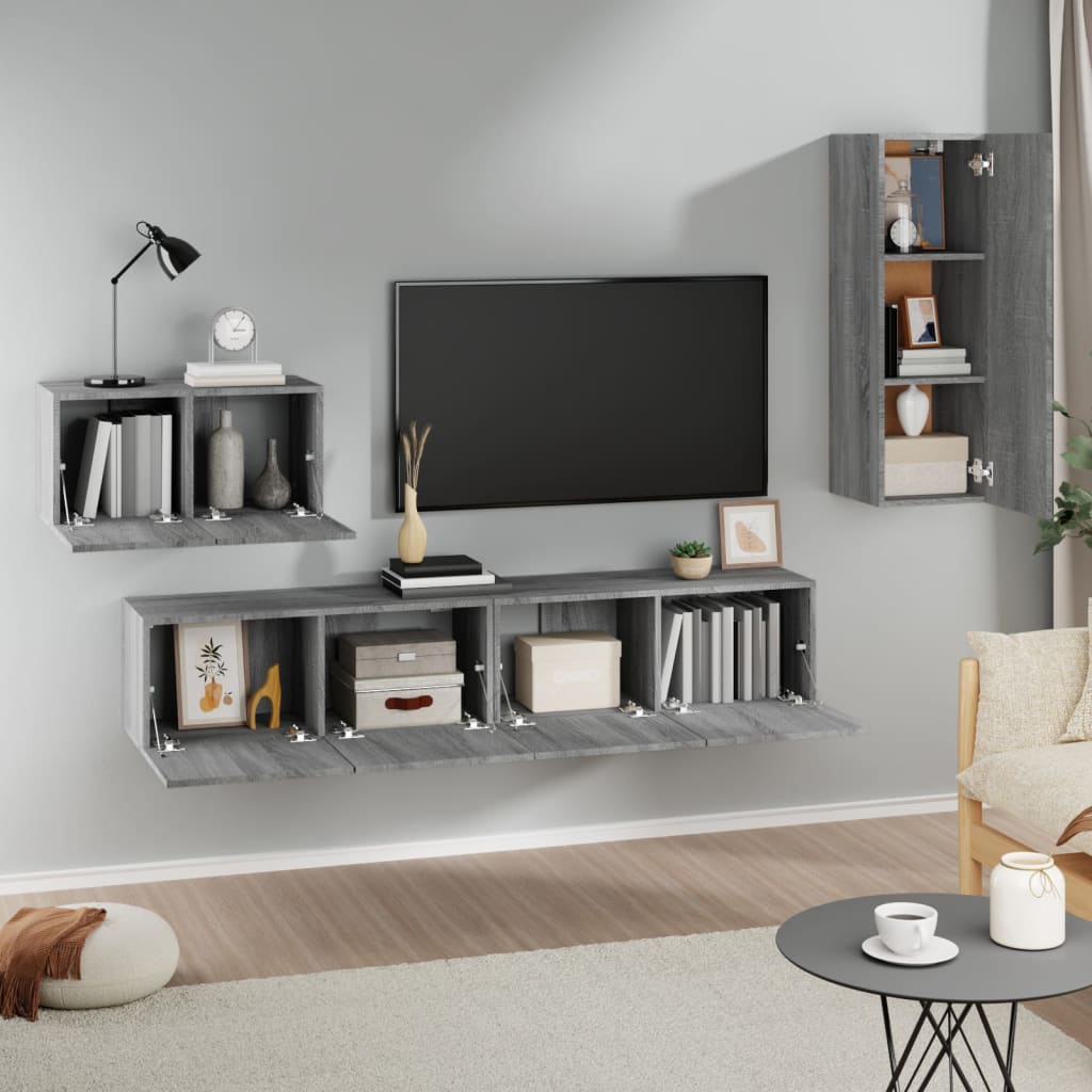 TV spintelių komplektas, 4 dalių, pilkas ąžuolo, mediena