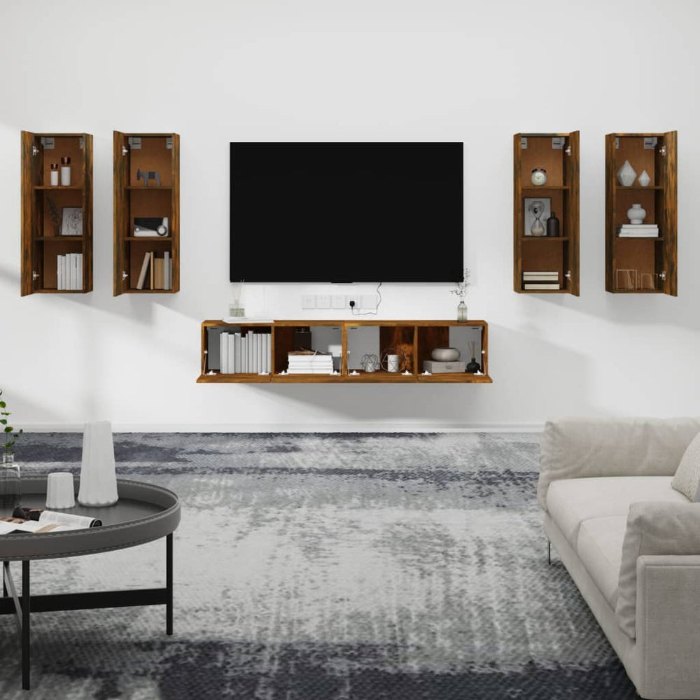 TV spintelių komplektas, 6 dalių, dūminio ąžuolo, mediena