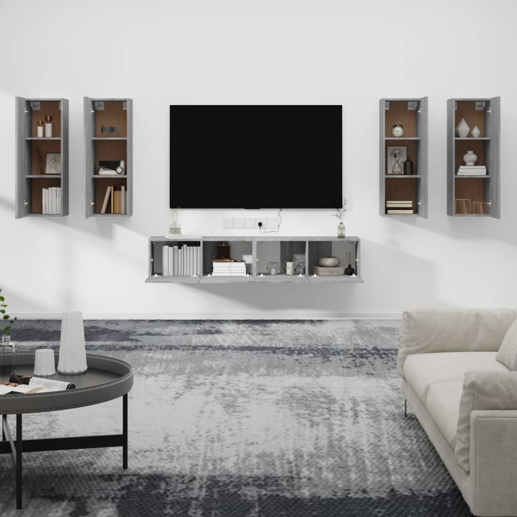 TV spintelių komplektas, 6 dalių, pilkas ąžuolo, mediena