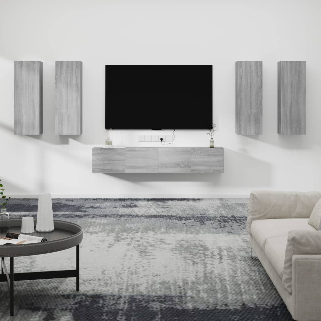 TV spintelių komplektas, 6 dalių, pilkas ąžuolo, mediena