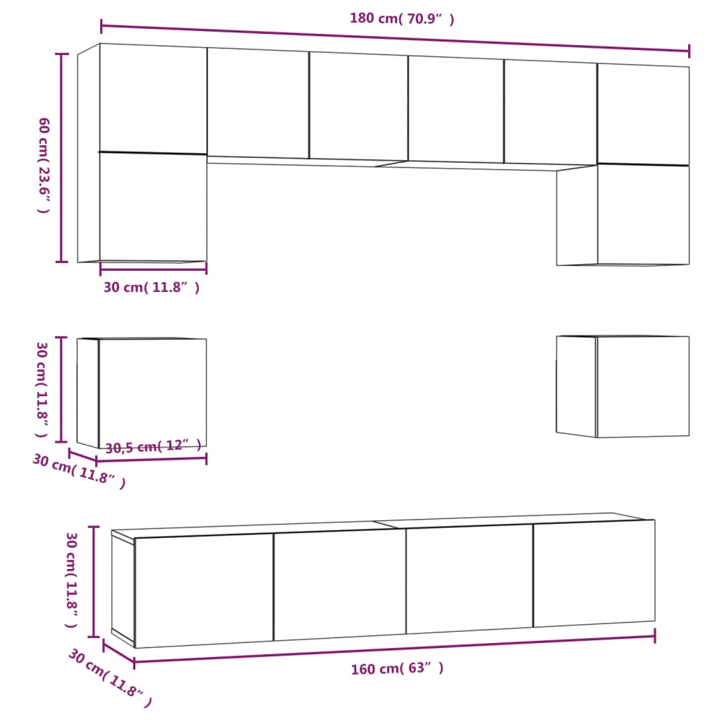 TV cabinet set, 8-piece, oak, wood