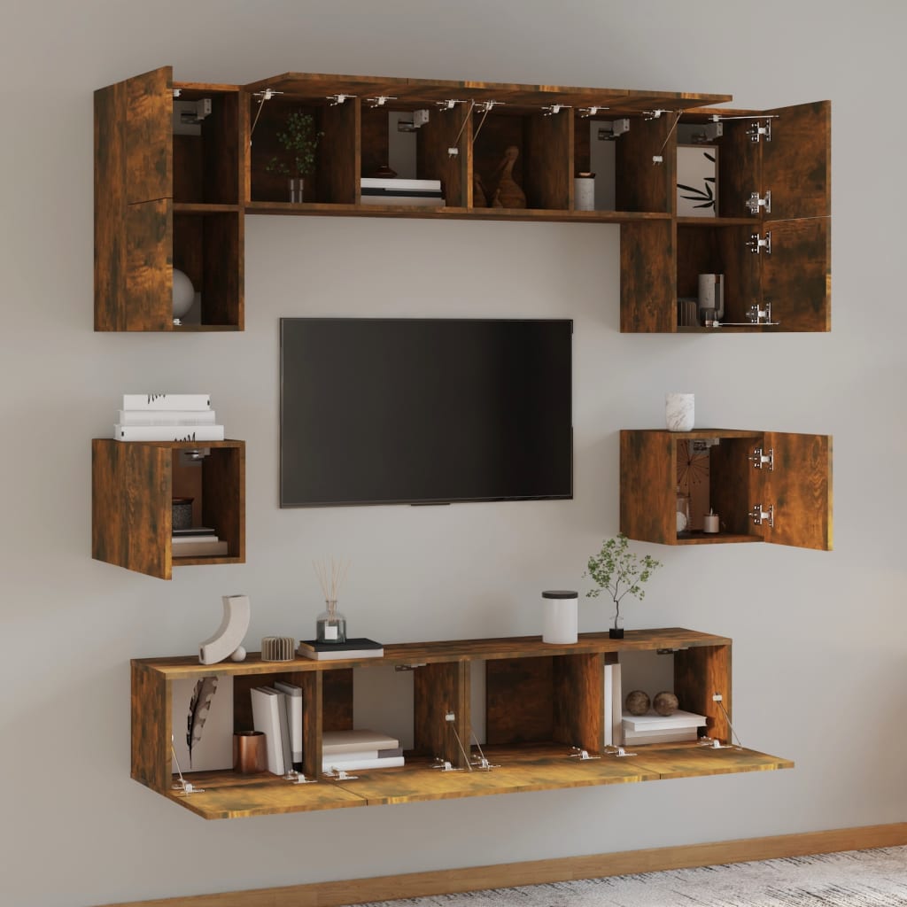 TV spintelių komplektas, 8 dalių, dūminio ąžuolo, mediena