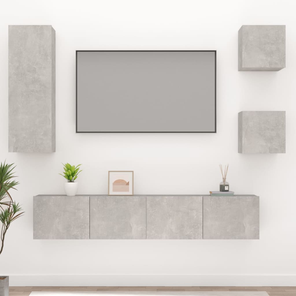 TV spintelių komplektas, 5 dalių, betono pilkas, mediena