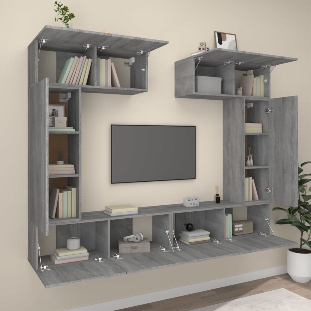 TV spintelių komplektas, 6 dalių, pilkas ąžuolo, mediena