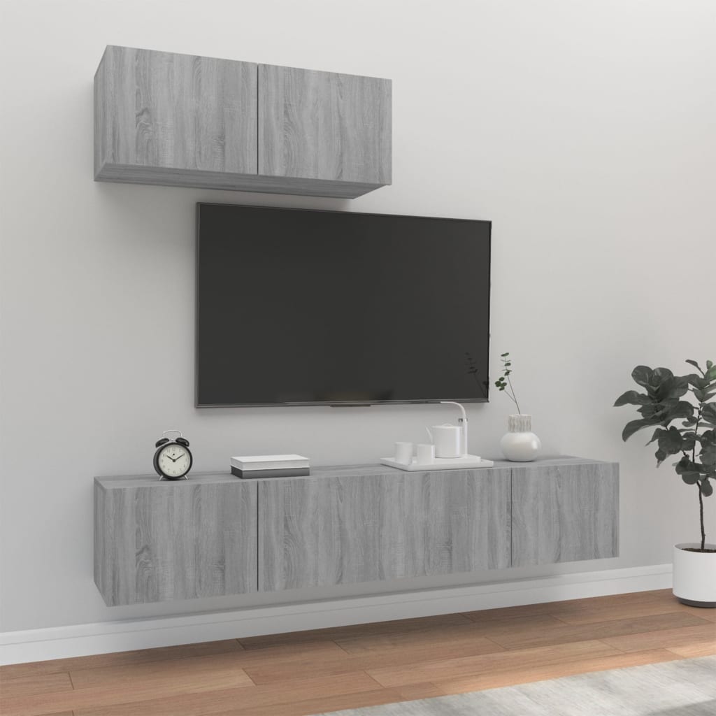TV cabinet set, 3-piece, grey oak, wood