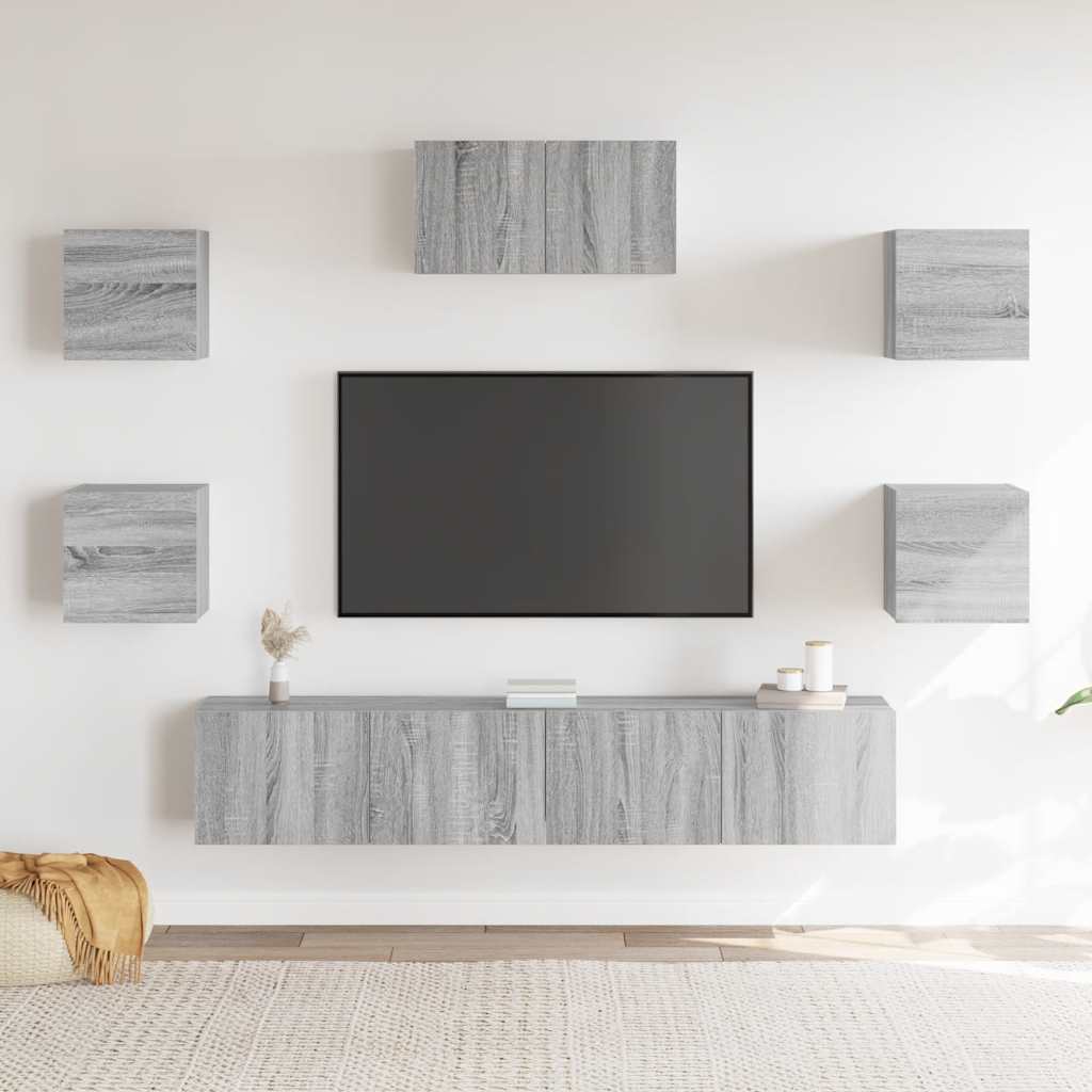 TV spintelių komplektas, 7 dalių, pilkas ąžuolo, mediena