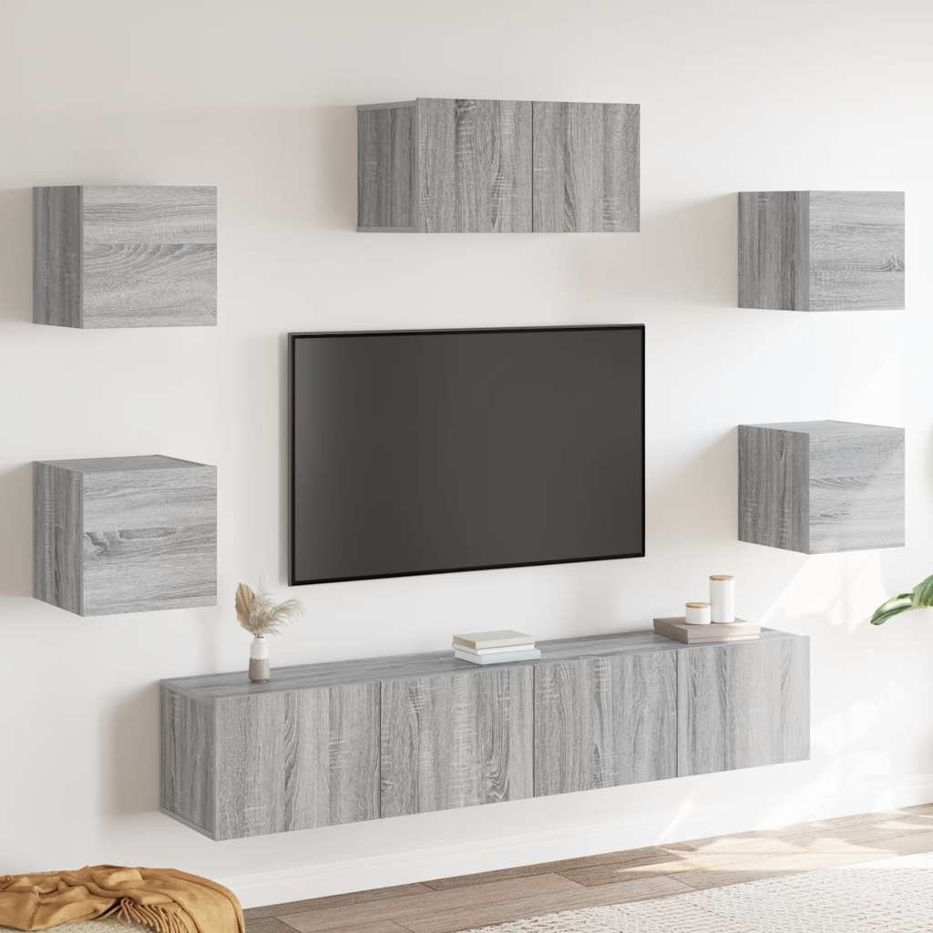 TV spintelių komplektas, 7 dalių, pilkas ąžuolo, mediena