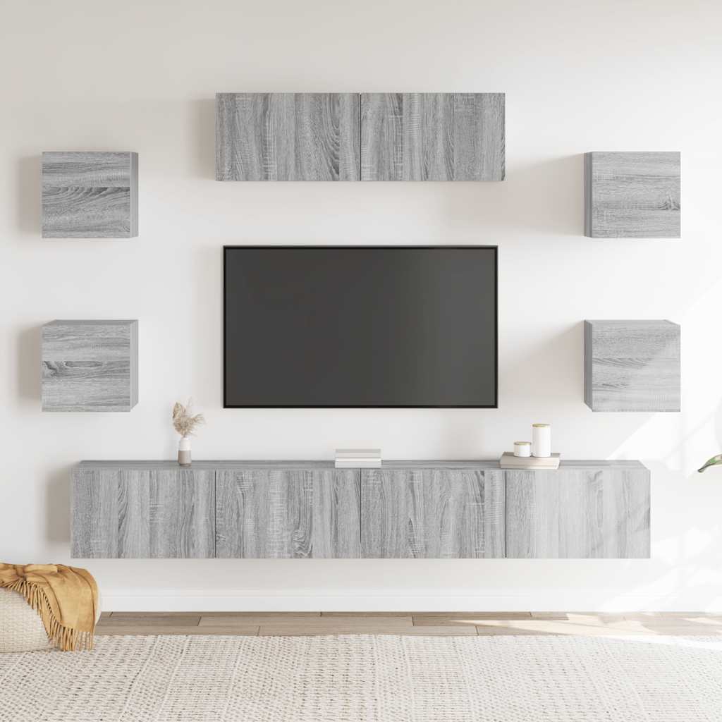 TV spintelių komplektas, 7 dalių, pilkas ąžuolo, mediena