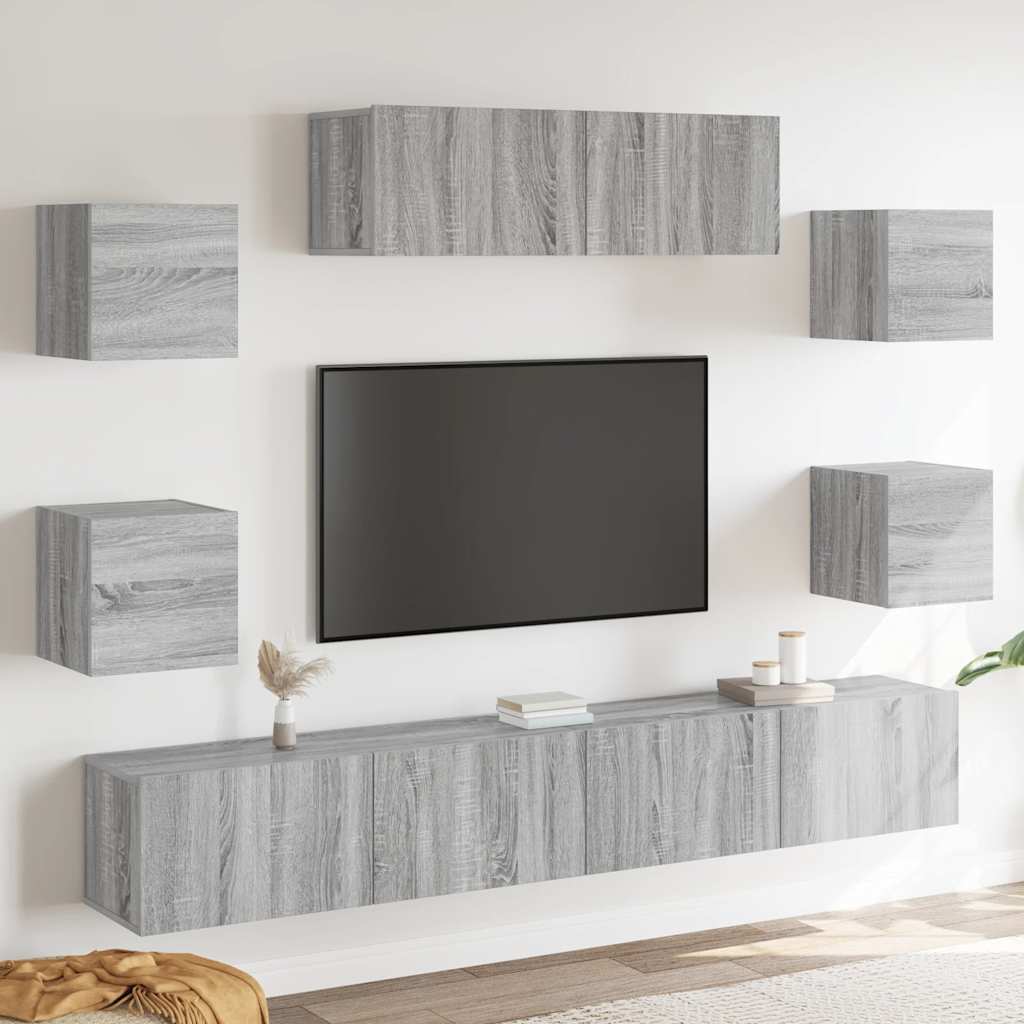 TV spintelių komplektas, 7 dalių, pilkas ąžuolo, mediena