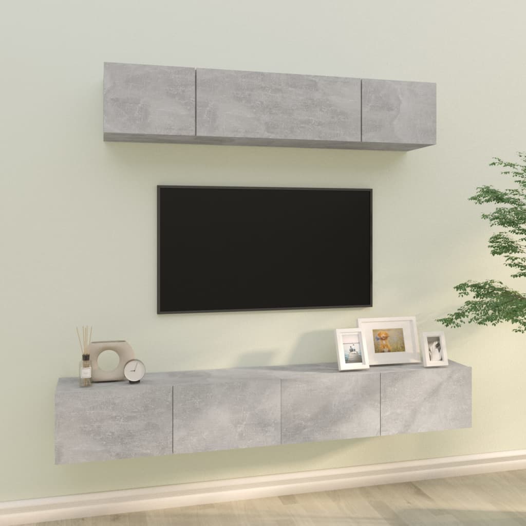 TV skapju komplekts, 4 detaļu, betona pelēks, koks