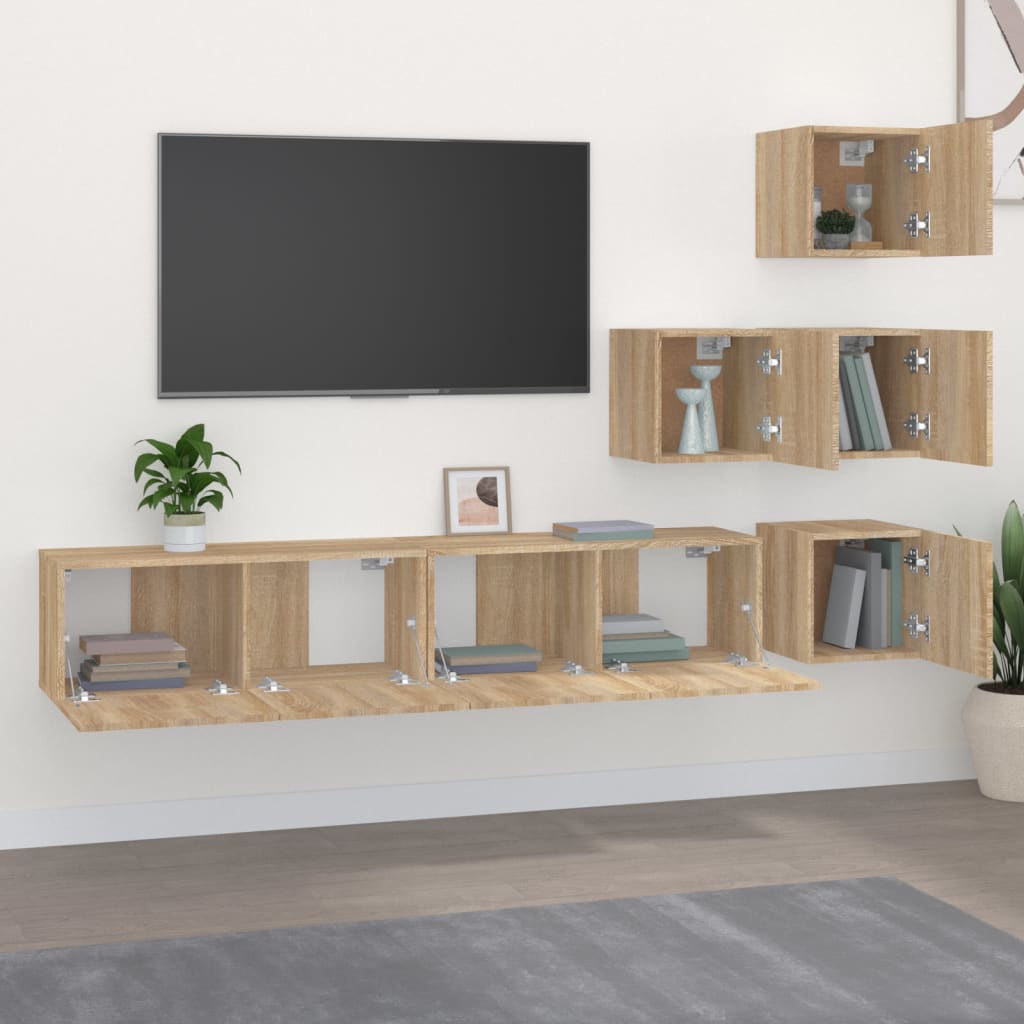 Wall-mounted TV cabinet, oak, engineered wood
