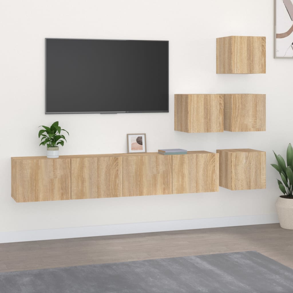 Wall-mounted TV cabinet, oak, engineered wood