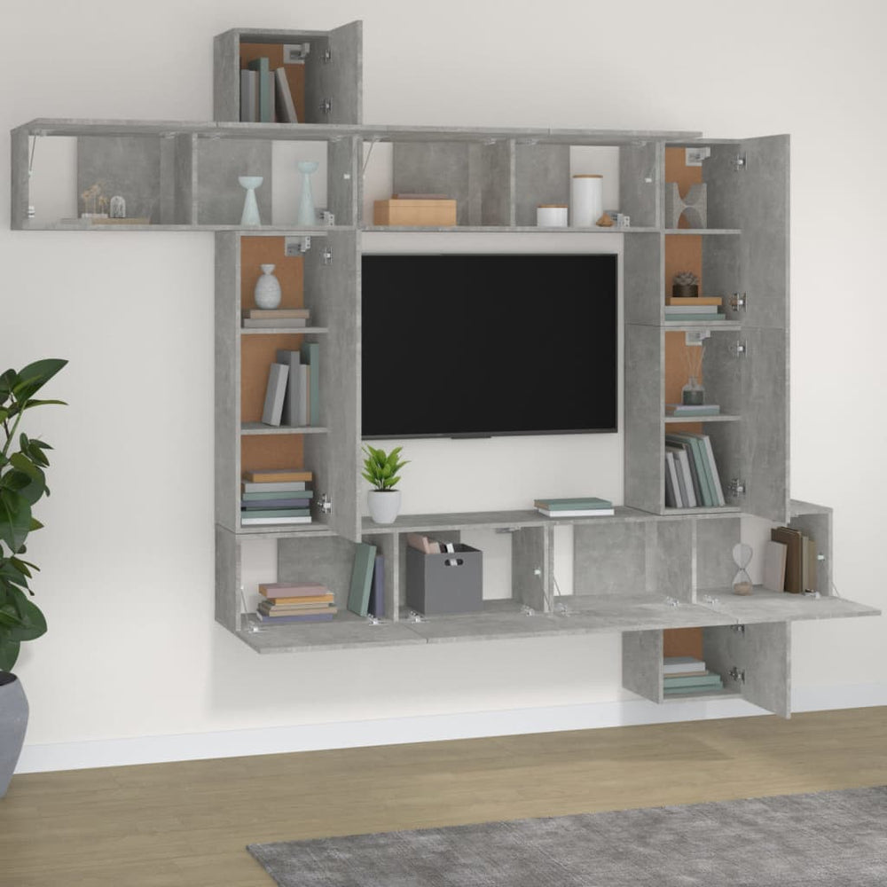 TV spintelių komplektas, 9 dalių, betono pilkas, mediena