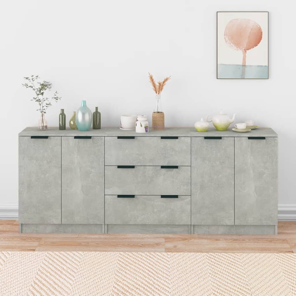 Side cabinets, 3 pieces, concrete grey, engineered wood
