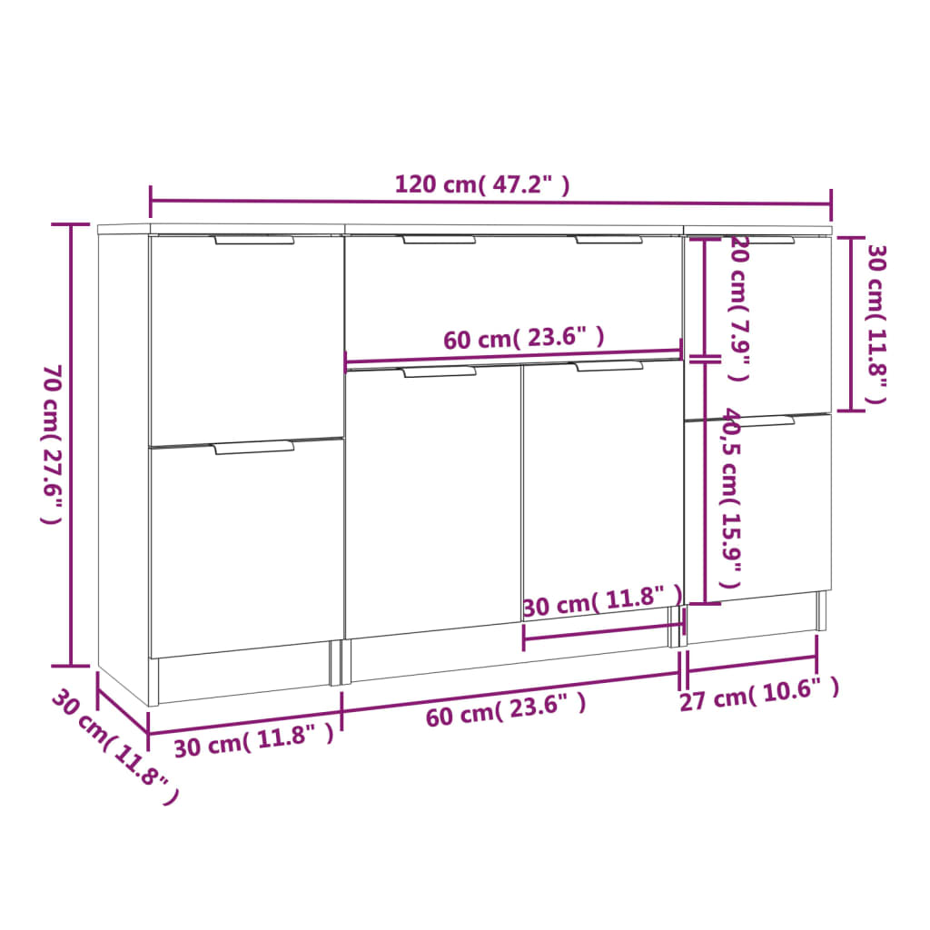 Sideboards, 3 pcs., white, engineered wood