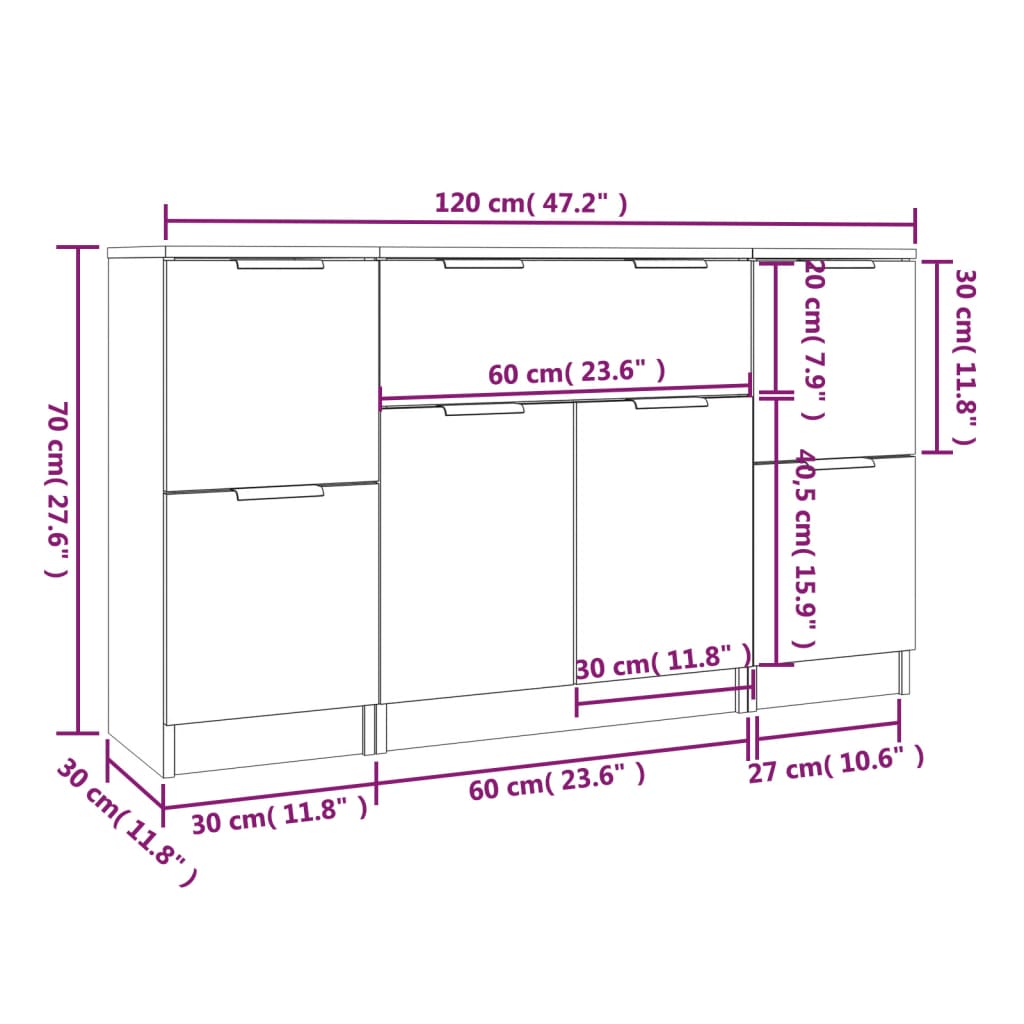 Side cabinets, 3 pcs., smoky oak, engineered wood