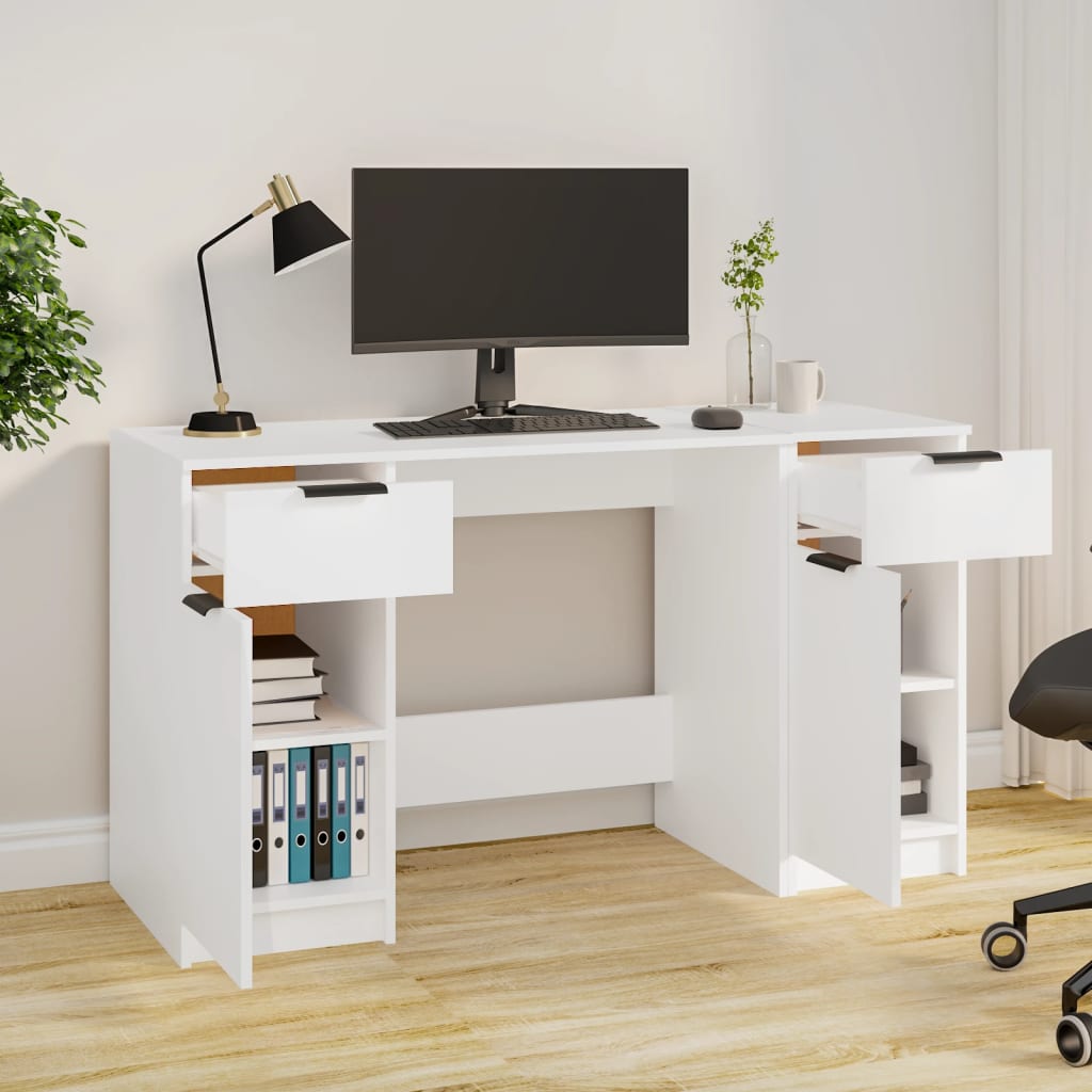 Desk with side cabinet, white, engineered wood