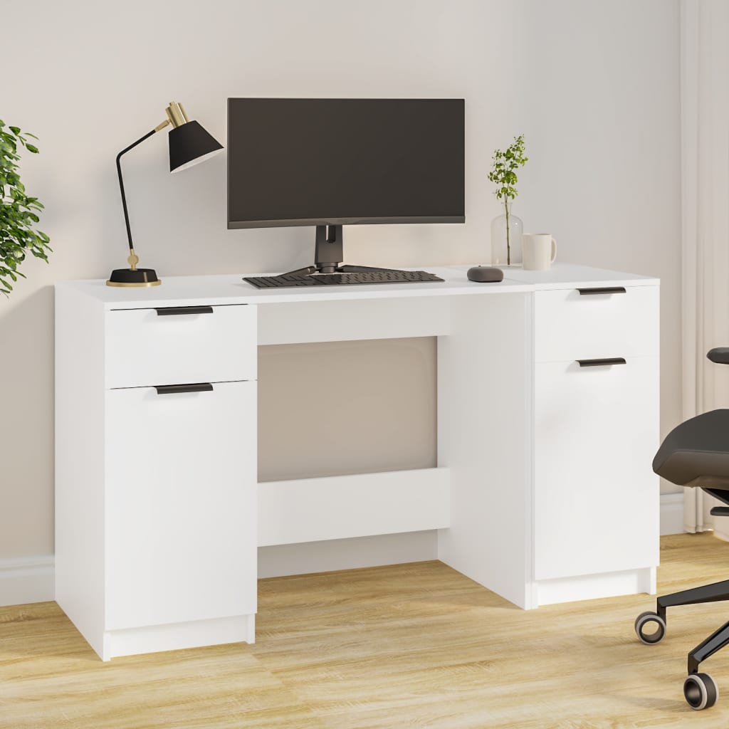 Desk with side cabinet, white, engineered wood