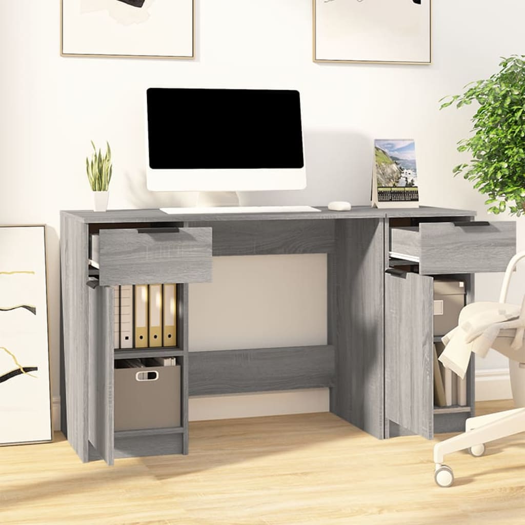 Desk with side cabinet, grey oak, wood