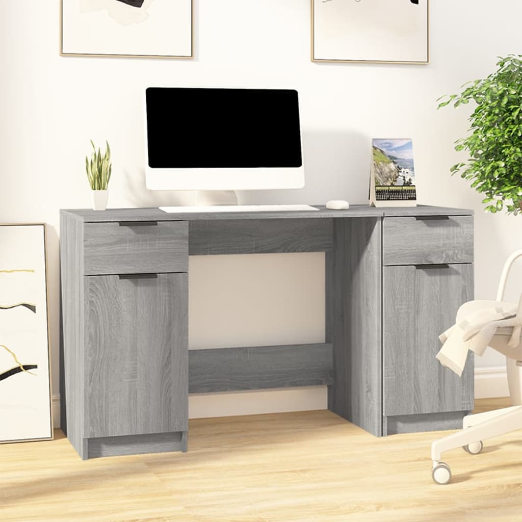 Desk with side cabinet, grey oak, wood