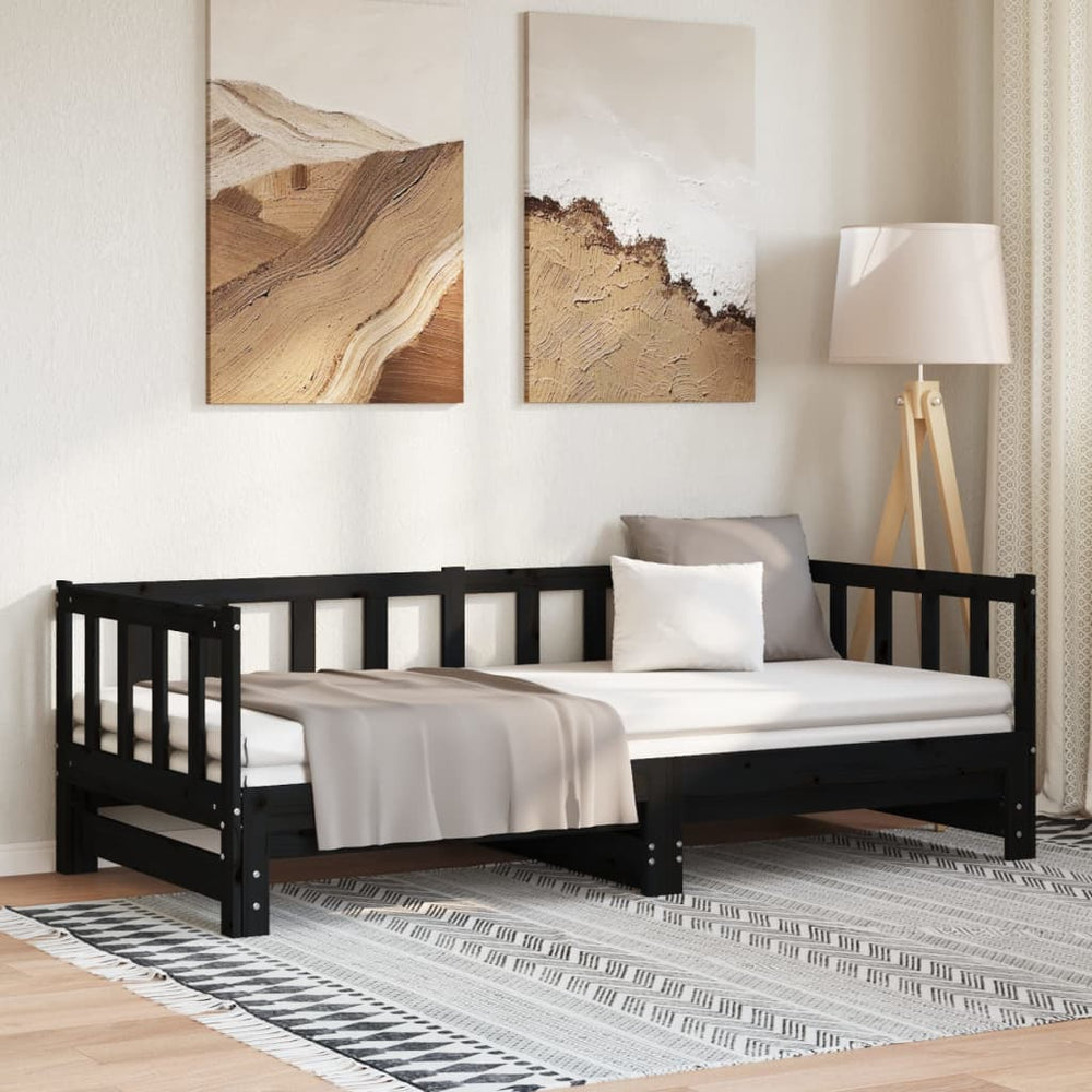 Ištraukiama lova, juoda, 2x(90x190)cm, pušies medienos masyvas
