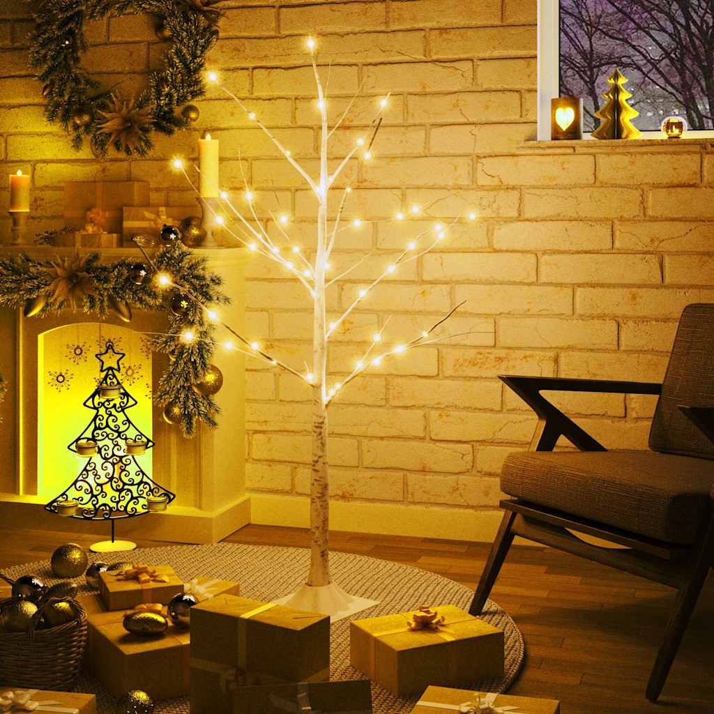 Beržas su 48 šiltomis baltomis LED lemputėmis, 120cm, baltas