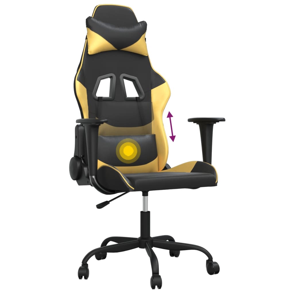 Masažinė žaidimų kėdė, juodos ir auksinės spalvos, dirbtinė oda
