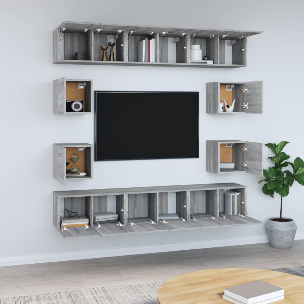 TV spintelių komplektas, 10 dalių, pilkas ąžuolo, mediena