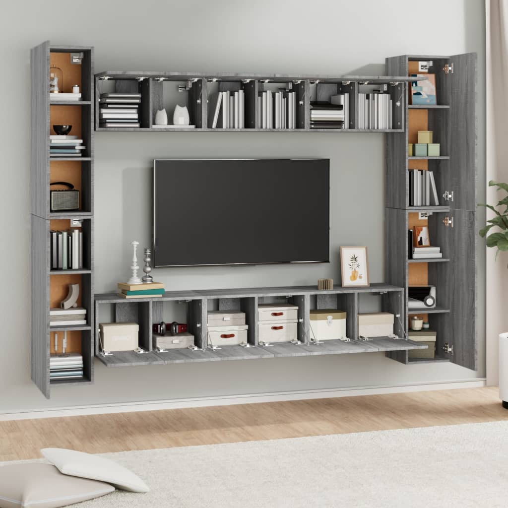 TV spintelių komplektas, 10 dalių, pilkas ąžuolo, mediena