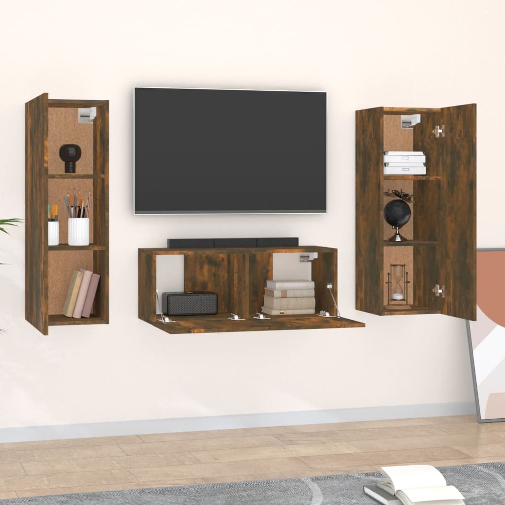 TV spintelių komplektas, 3 dalių, dūminio ąžuolo, mediena