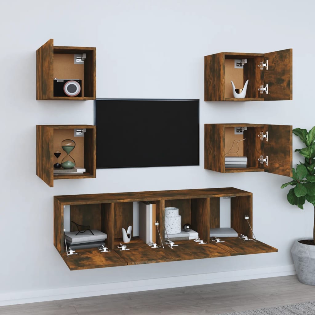TV spintelių komplektas, 6 dalių, dūminio ąžuolo, mediena