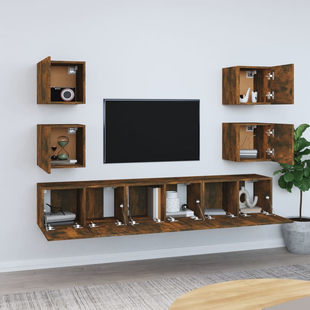 TV spintelių komplektas, 7 dalių, dūminio ąžuolo, mediena