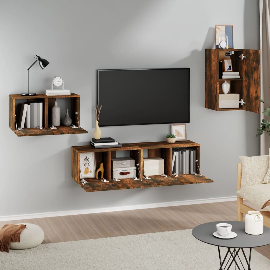 TV spintelių komplektas, 4 dalių, dūminio ąžuolo, mediena