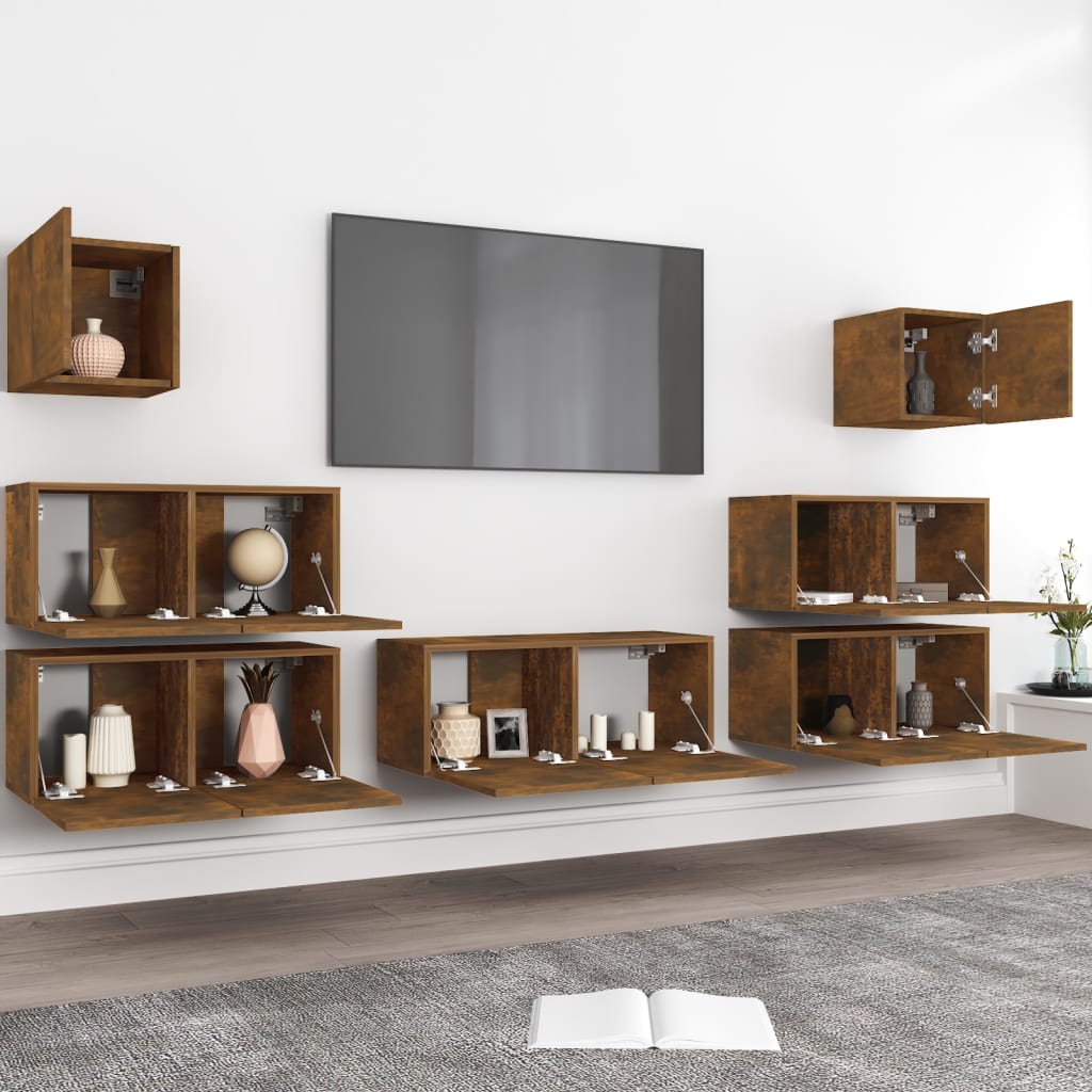 TV spintelių komplektas, 7 dalių, dūminio ąžuolo, mediena